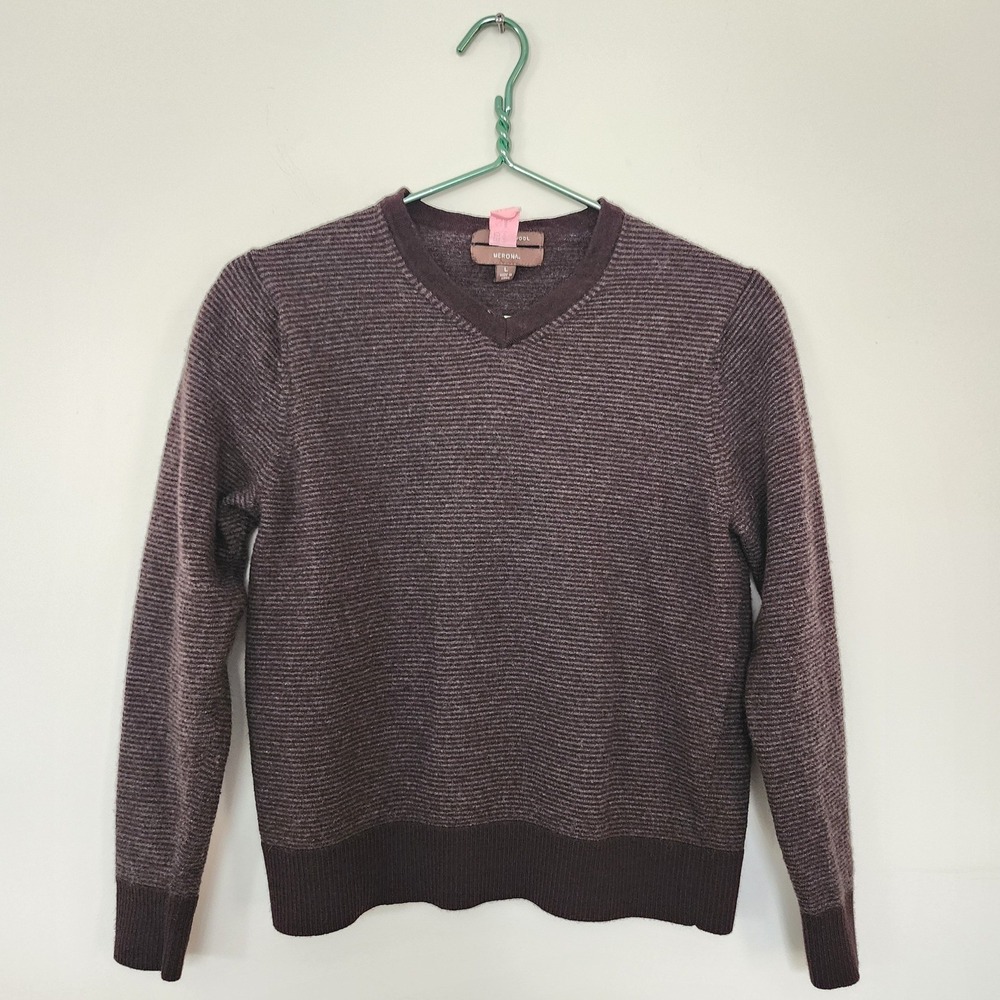 Merona Mens 100% Merino Wool V-Neck Sweater Brown Striped Long Sleeve L Medium